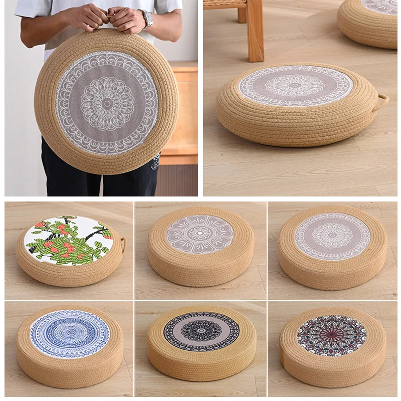 Japanese Style Natural Rattan Floor Cushion Round Straw Seat Pad Thick Woven Mat for Patio Poolside Porch Coastal Living Room