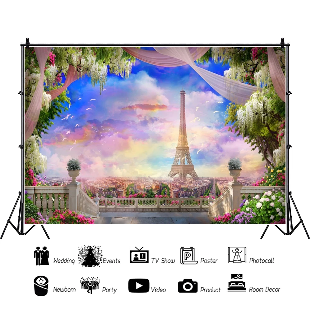 Photo Background Eiffel Tower Birthday Party Decorations Banner Paris Urban Landscape Wall Art Large Backdrop Photography Props