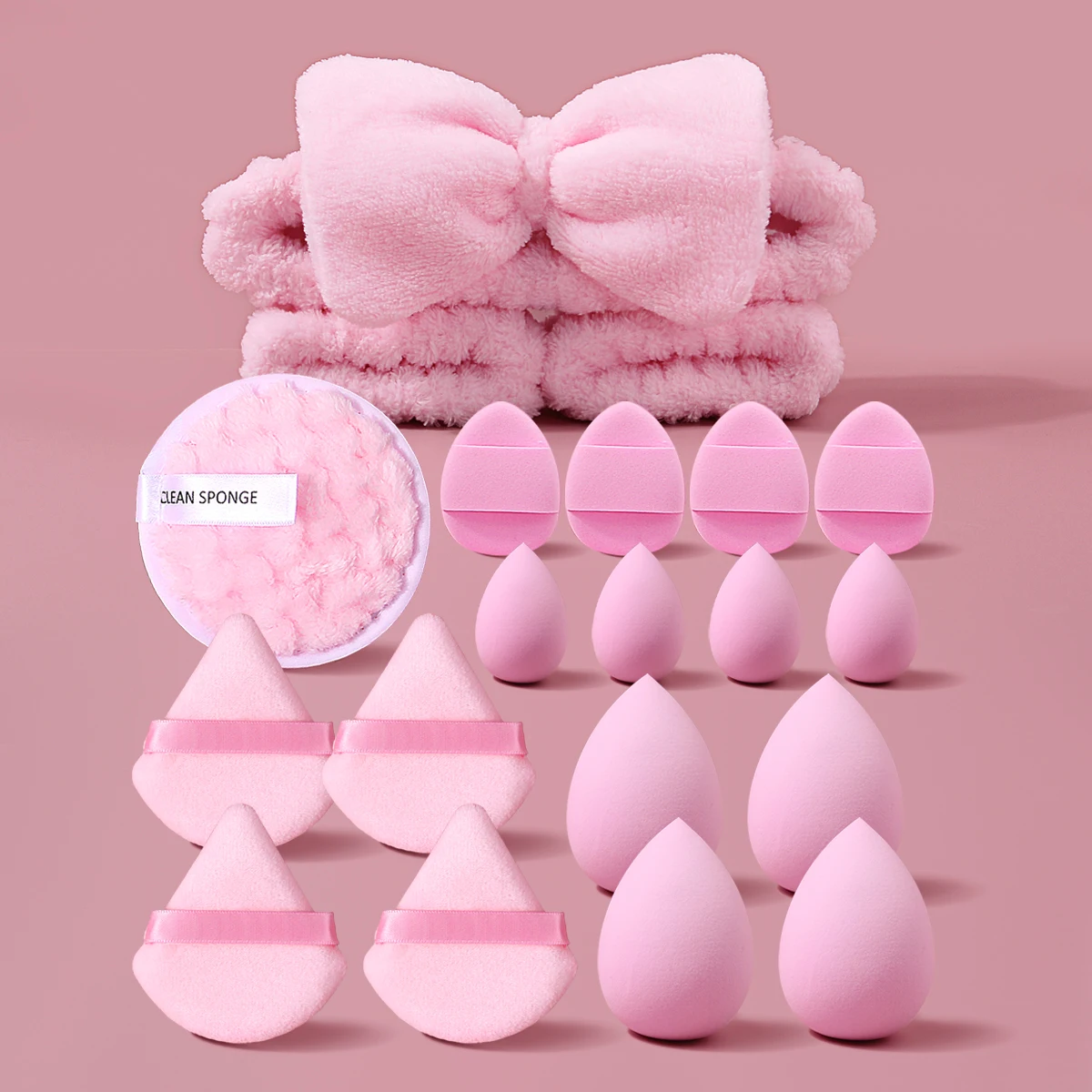 Ensemble de 20 éponges de maquillage, comprenant des œufs de beauté, des tampons nettoyants pour le visage, une bandeau pour le lavage du visage, des bracelets, kit complet d'accessoires de maquillage