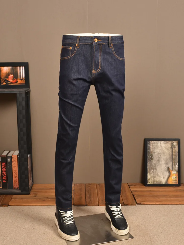 New All-Match Primary Color Jeans Men's Slim Straight Four-Side Elastic High-End Washed Casual Work Classic Men's Pants