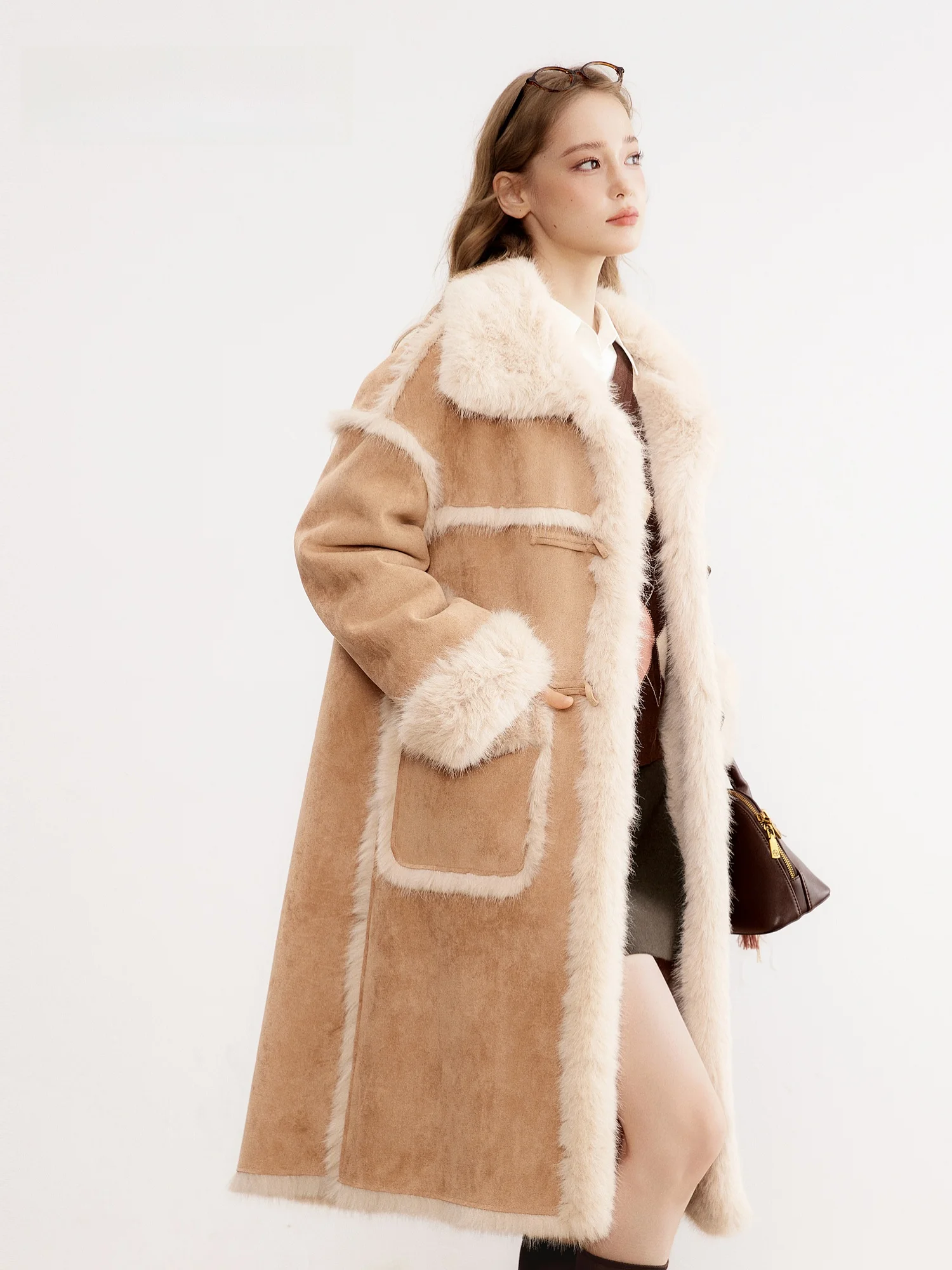 Cindral New Damen-Pelzmantel aus Wildleder, mittellang, verdicktes Fell, integrierter Pelzmantel, warmer langer Mantel aus Polyesterstoff für den Pendelverkehr