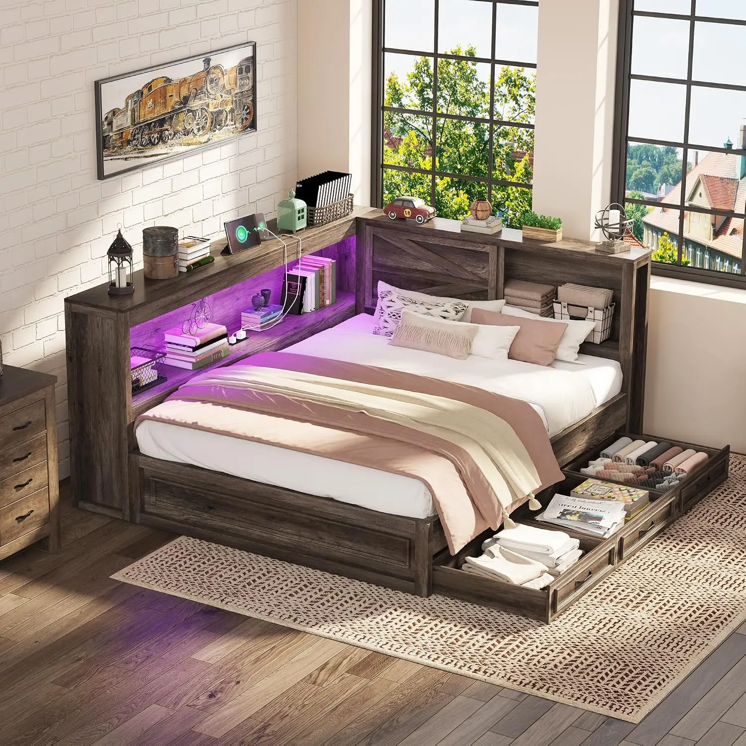 Corner Bed Frame with Bookcase & Drawers, Gray Barn Door Charging Station RGB LED Lights Reversible No Box Spring, Customized