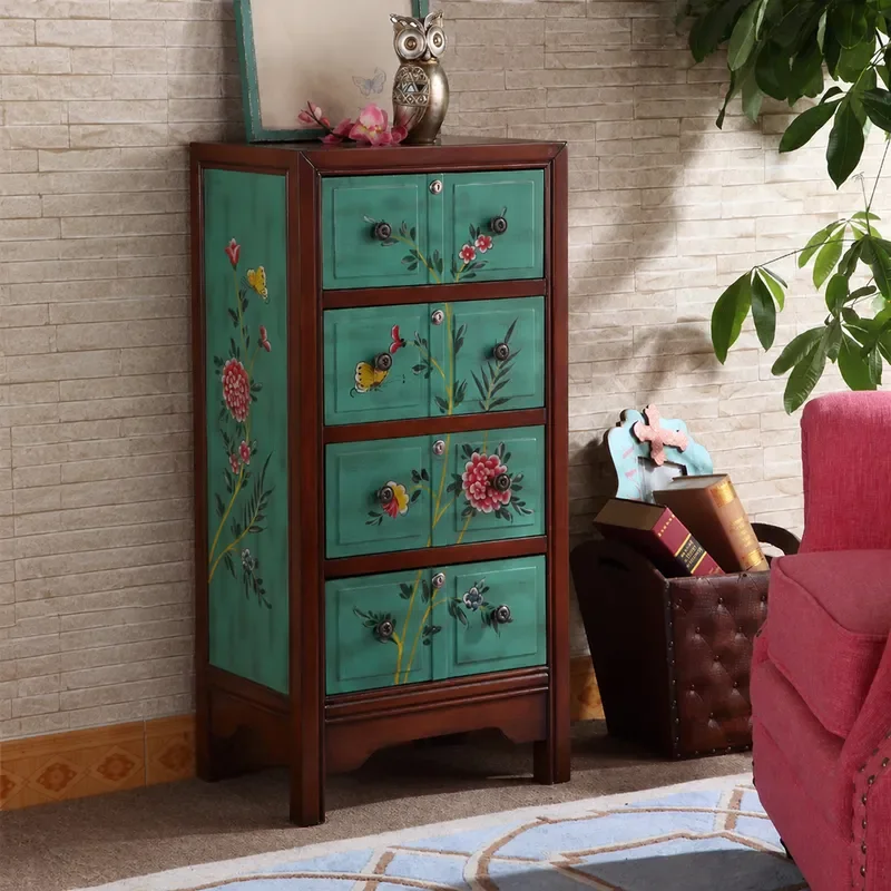 American Style Solid Wood Chest Cabinet with Lock Retro Painted Drawer Storage Locker for Living Room Furniture Factory