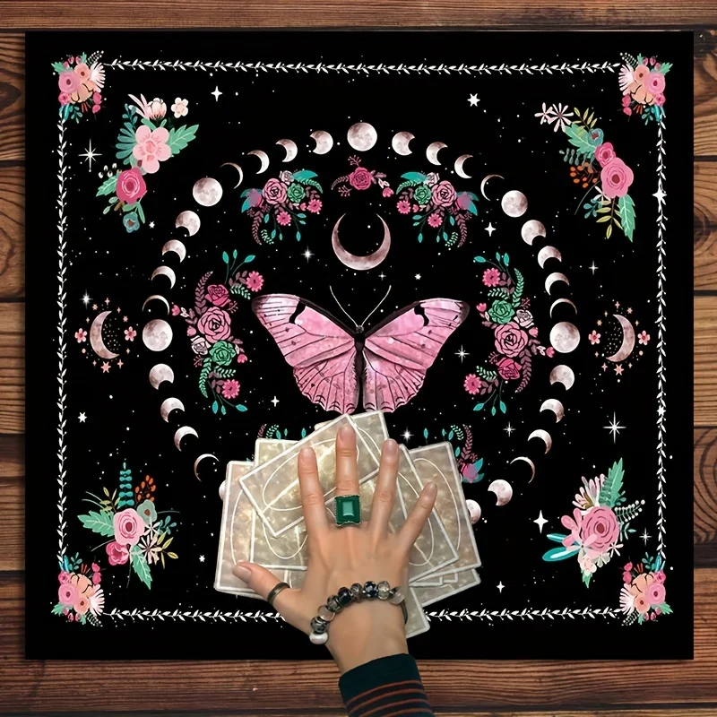 VIKAMA Moon Phase Pendulum Bell Altar Tablecloth Pink Butterfly Floral Design Tarot Card Reading Cloth Home Decor Party Events