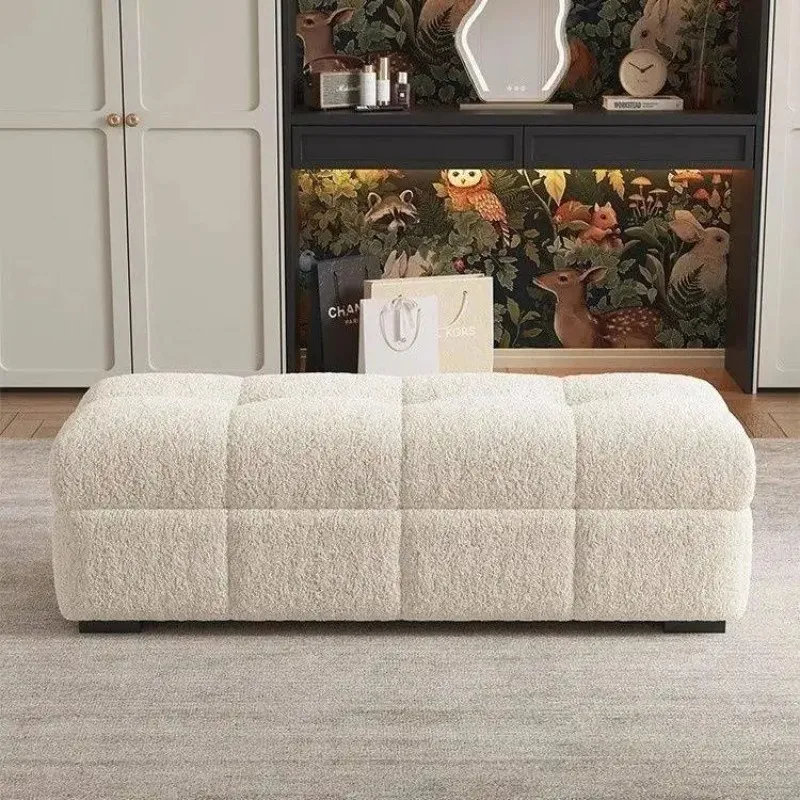 

Teddy Fabric Storage Ottoman, Cream Boudoir Bench for Bedroom Dressing Room, Plush Fur Stool with Seating & Organization
