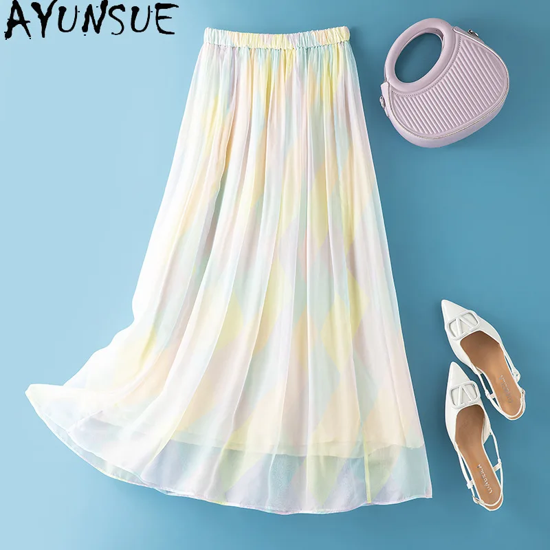 

AYUNSUE Natural Silk Women's Skirts Vacation Style A-line Skirts for Women Stylish High Waist Pleated Skirt Woman Clothes 스커트