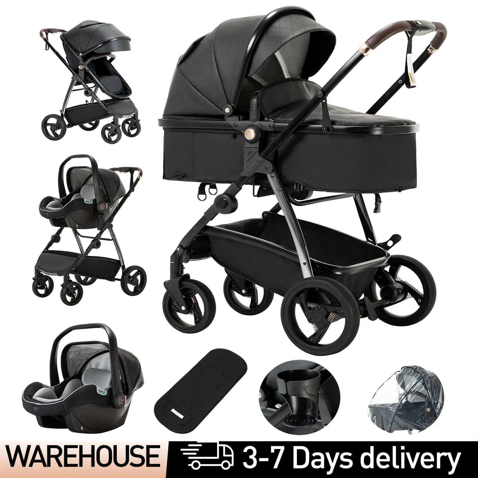 Baby stroller 3 in 1 Baby carriage Portable luxurious travel pram High landscape newborn baby stroller with baby carrier PU