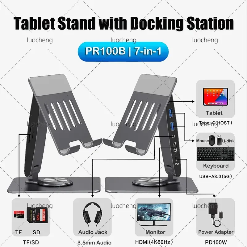 for Foldable Rotating Aluminum Alloy Docking Station Bracket for iPad and Other Tablets Desktop Stand with HDMI Screen