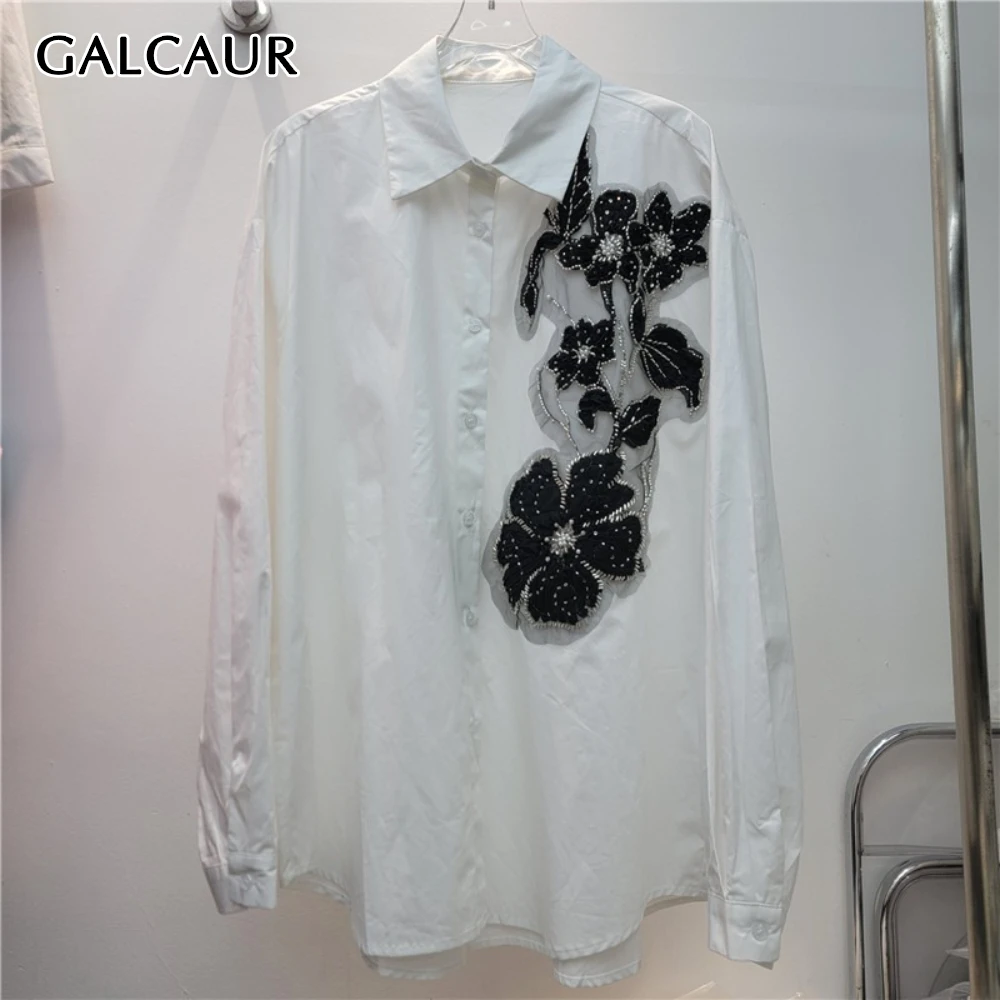

GALCAUR однотонная шикарная рубашка с бисером, женская свободная рубашка с лацканами и длинными рукавами, роскошные женские рубашки, осенняя мода, новый стиль