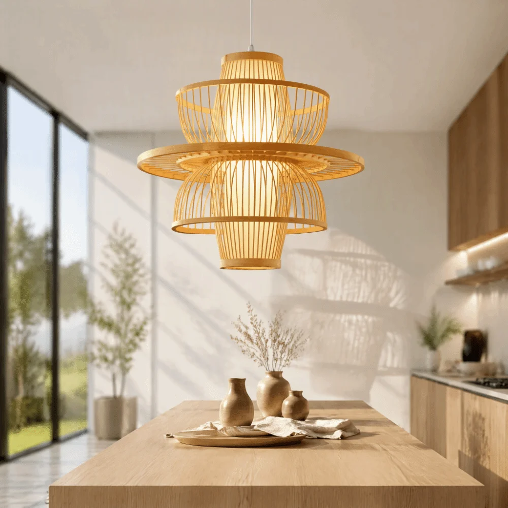 Simple Hand Knitted Bamboo Pendant Lamp Braided Woven Rattan Pendant Lamp Rustic Wooden Wicker Chandelier Bedroom