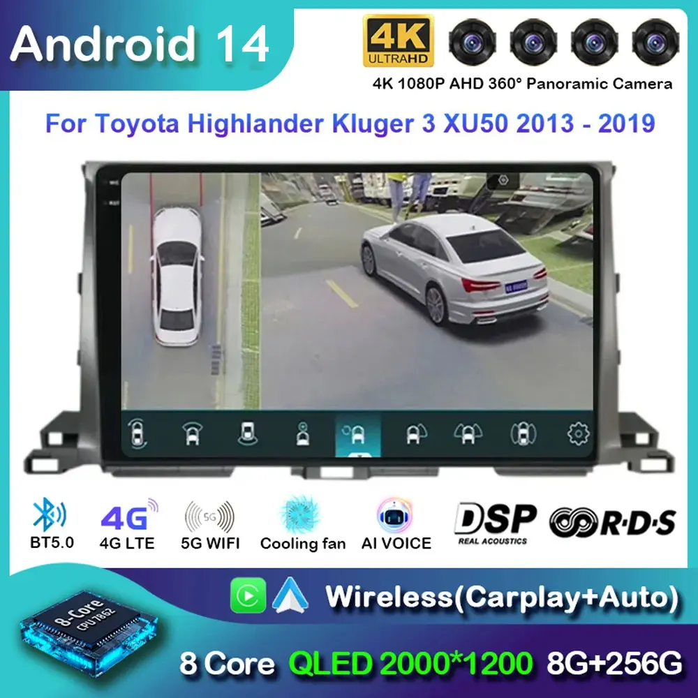 Android 14 Car Radio For Toyota Highlander Kluger 3 XU50 2013 - 2019 Navigation GPS Multimedia Video Player Stereo Carplay Auto