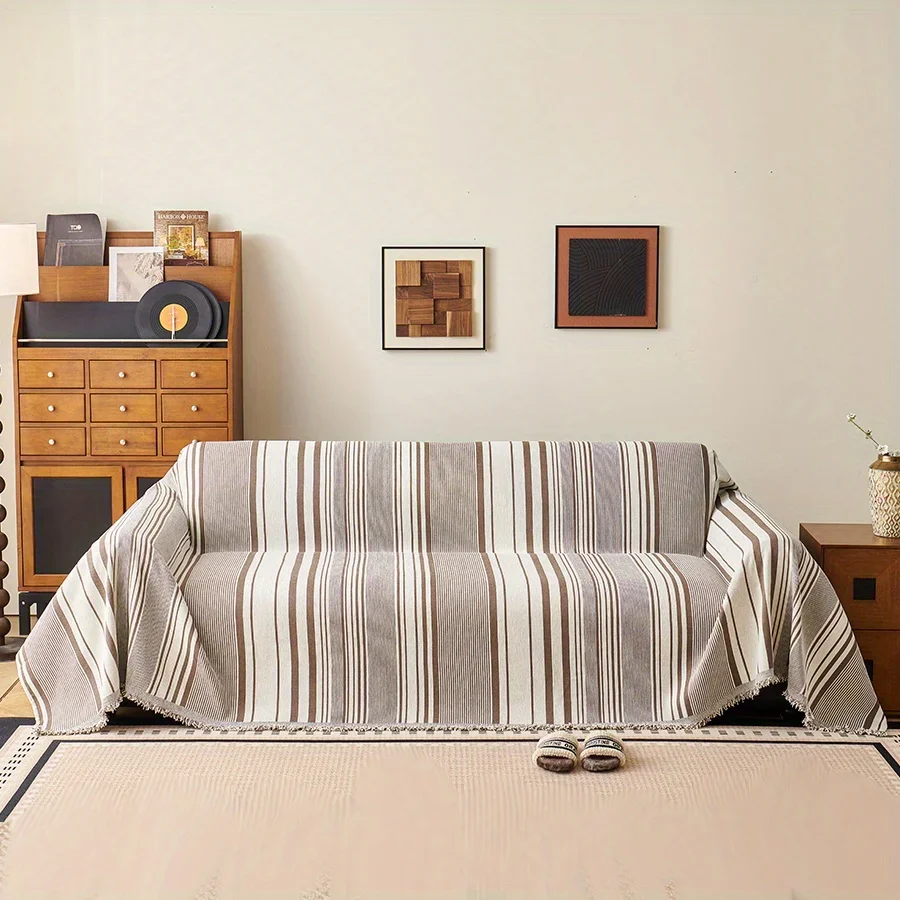 1PC Chenille Sofa Towel All Cover Coffee Striped Sofa Throw Blanket with Tassels Double Sided Usable Couch Protector