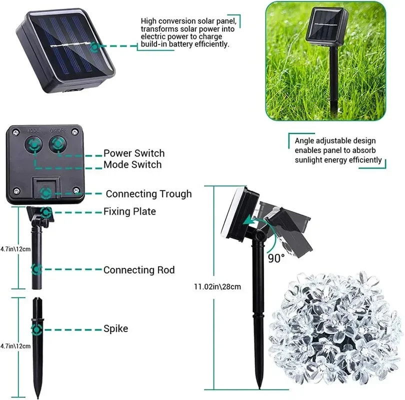 Solar-powered Cherry Blossom-shaped LEDs 8 Modes for Outdoor Fairy Lighting Christmas Trees Garden Wedding Party Decorations