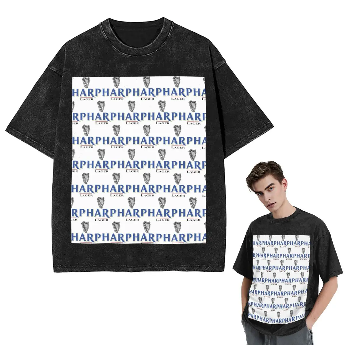 Streetwear T-Shirts Harp By Guins Washed T Shirt Short Sleeve Hip Hop T-Shirt Tops Tees for Men Women