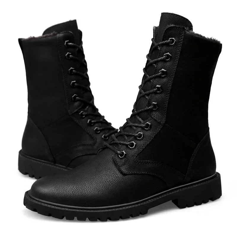 Men\'s Motorcycle Boot for Riding Waterproof Black Genuine Leather Boots Winter High Top Mid Calf Boots for Men Large Size 36-52