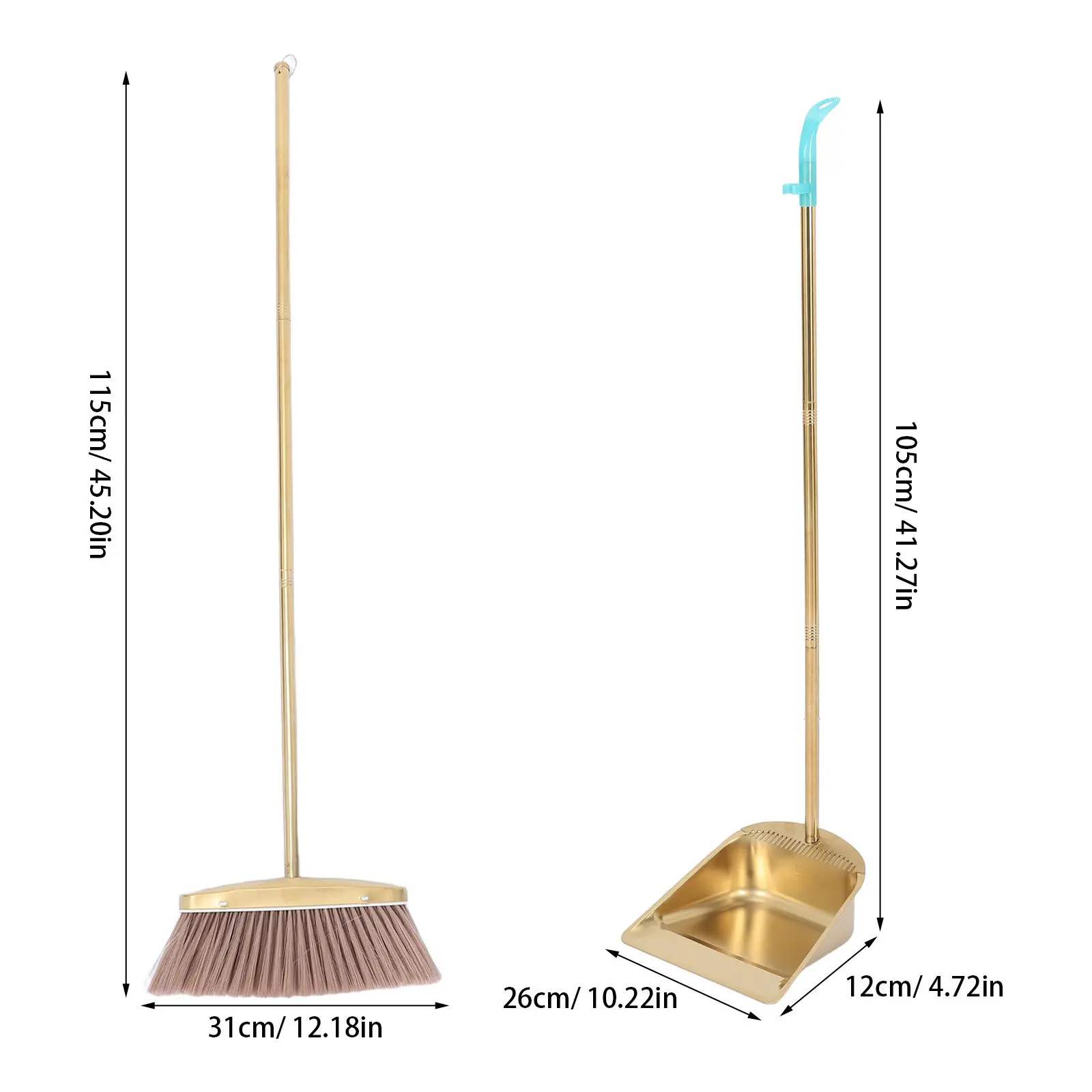 1Set Gold Upright Broom Dustpan Set Heavy Duty Metal Dust Pan Comb Teeth Long Handle Kitchen Restaurant Indoor Sweep