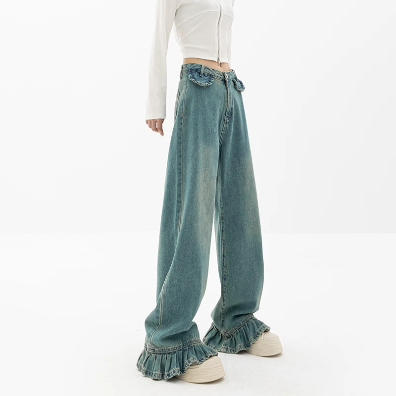 Pantalones vaqueros holgados de pierna ancha para mujer, Jeans de 104-110cm de largo, diseño Original, dulce y fresco, de cintura alta, primavera y otoño