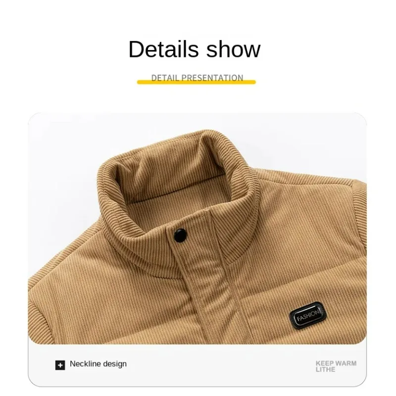 Jaket korduroi pria musim gugur musim dingin, mantel bantalan hangat pria kerah berdiri bisnis Retro modis warna polos baru