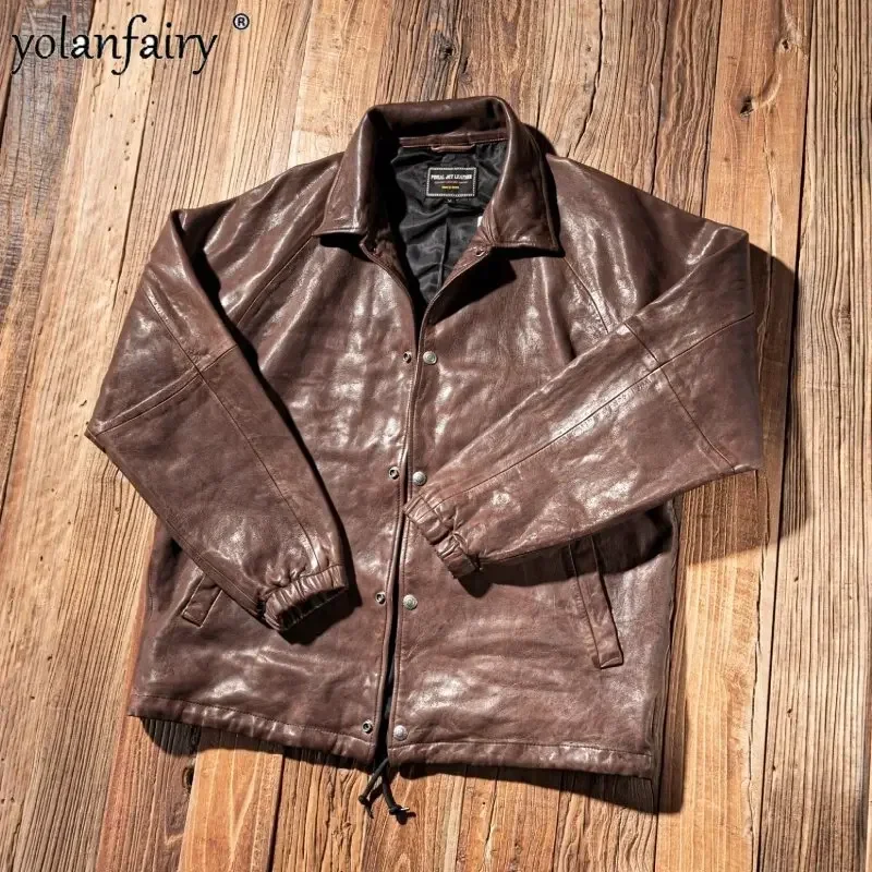 

Genuine Leather Jacket Men Vintage Loose Fit Training Suit Washed Old Fully Vegetable Tanned Sheepskin Coat Large Mens Jacket FC