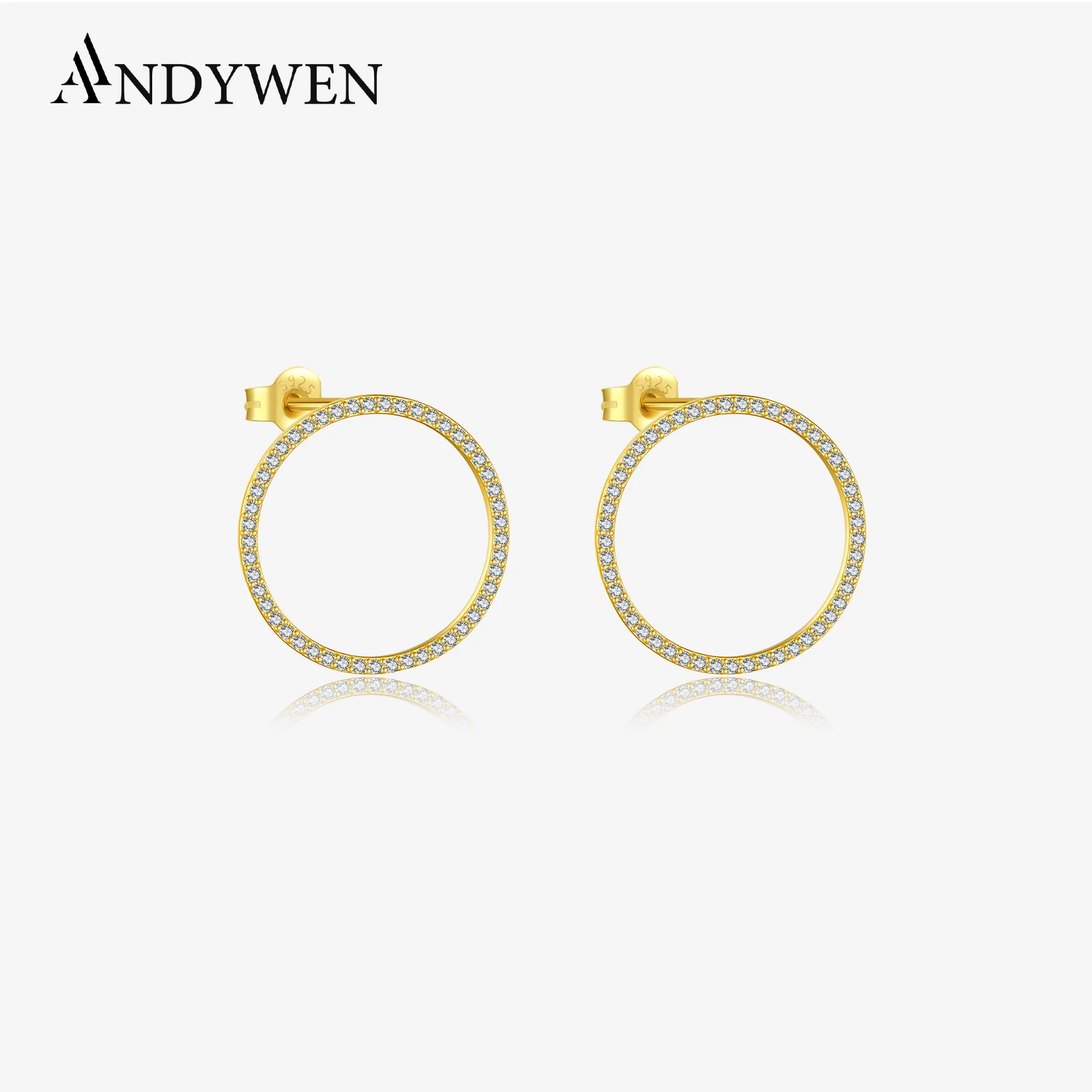 

ANDYWEN 925 Sterling Silver Gold Big Circle CZ Pave Stud Earring Clip Luxury Fine Jewelry Round Crystal Women Clips Jewels