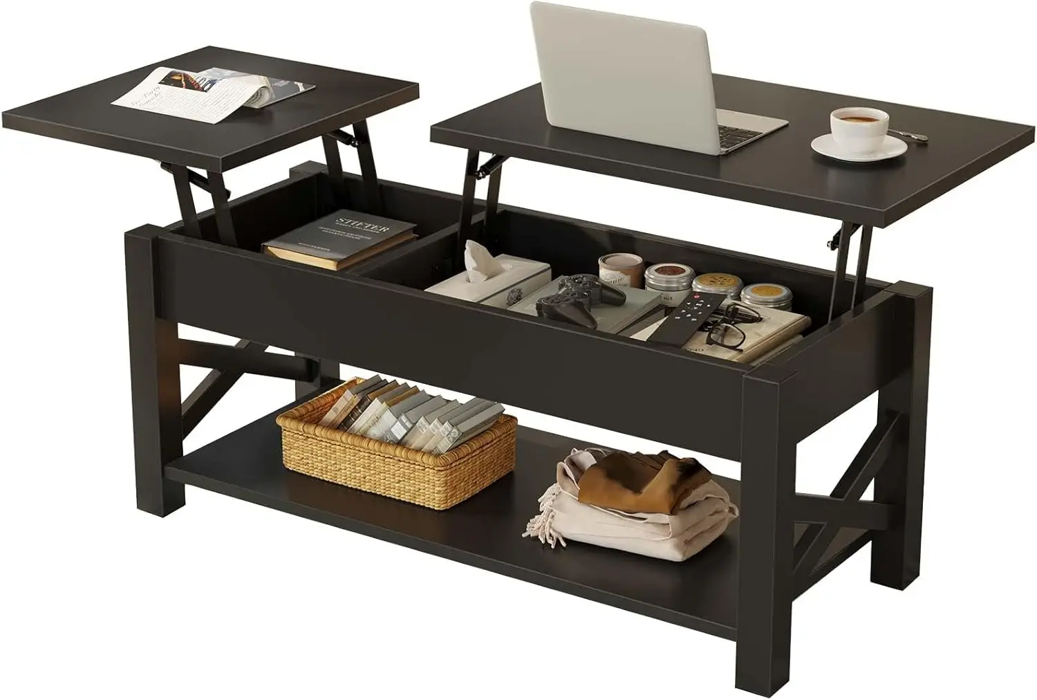 

Coffee Table 47.2" 2 Way Lift Top Farmhouse Center Table with Hidden Compartment Open Shelf & X Wooden Support for Living Room B