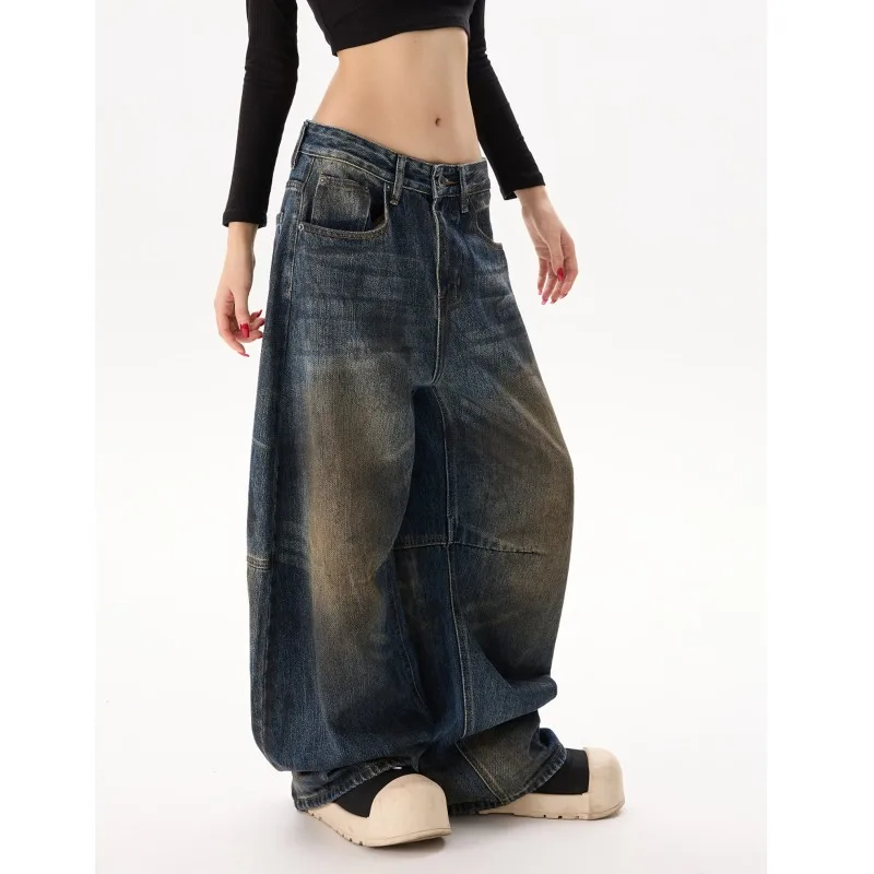 High Street Men's Denim Pants Washing Dirty-dying Contrast Color Wide Leg Worn-out Curved Hem Jeans Loose Drape Male Jeans