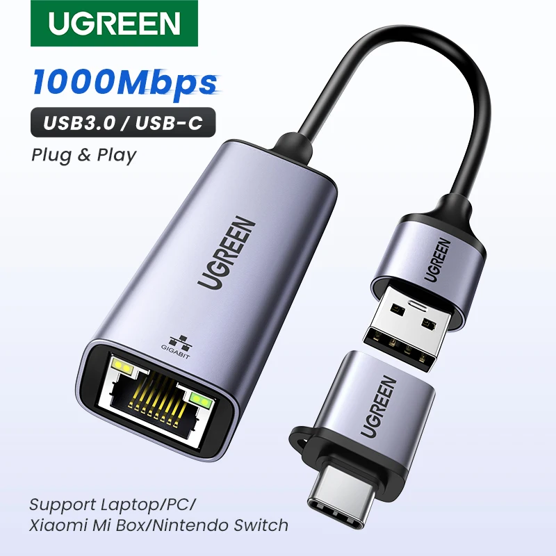 

UGREEN USB Ethernet-адаптер USB3.0/USB2.0 1000 Мбит/с/100 Мбит/с USB RJ45 Сетевая карта для ноутбука Xiaomi Mi Box Nintendo Switch Lenovo DELL HP Macbook Mac OS Windows Linux Гигабитный интернет-адаптер USB Lan