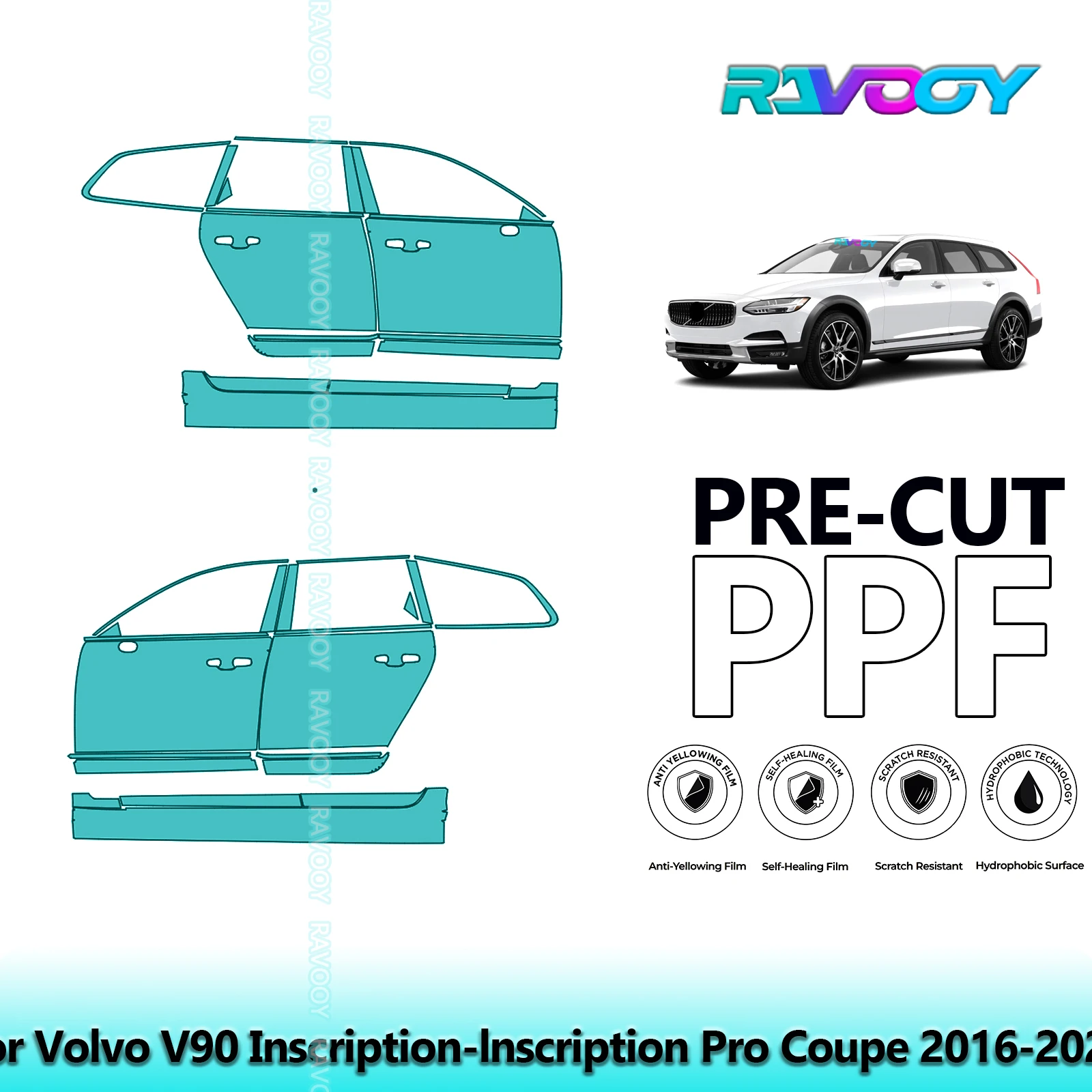 

For Volvo V90 Inscription-lnscription Pro Coupe 2016-2020 8.5mil Pre-Cut PPF Door & A/B Pillar Kit TPU Paint Protection Film Set