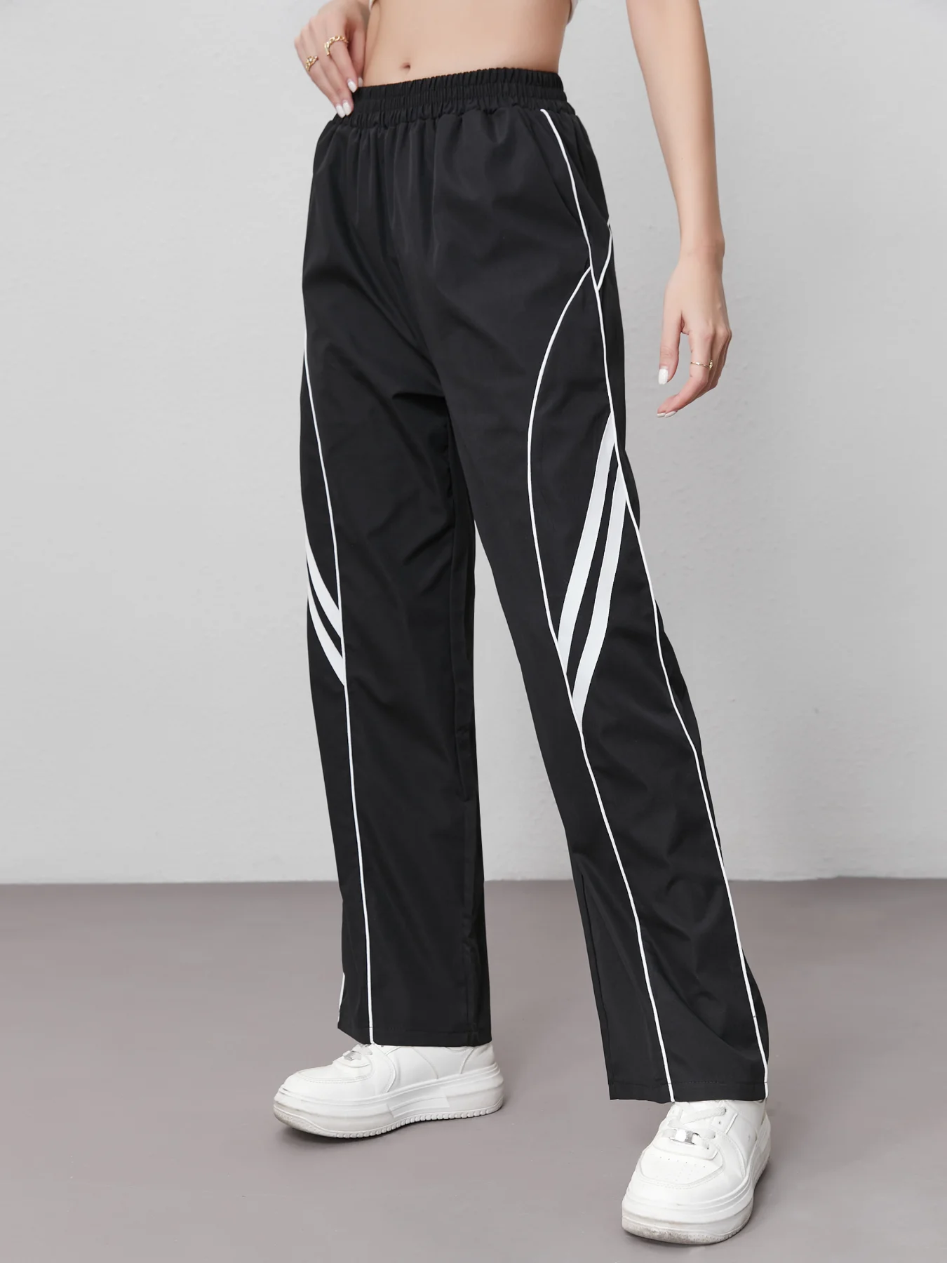 Ladies Y2K High Waist Slimming Elastic Waist Side-Seamed White Edge Loose Casual Pants Outdoor Leisure Sports Long Trousers