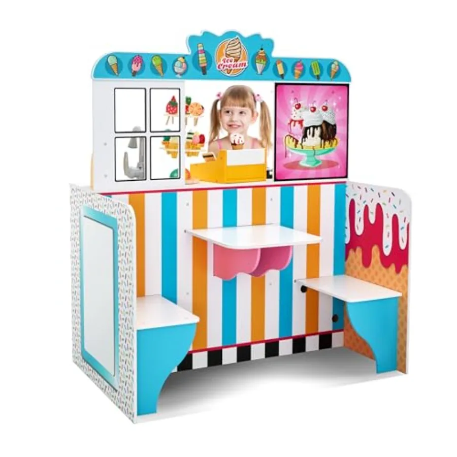 

Ice cream parlor playset for pretend play, wooden, pastel pink and mint, double-sided with battery-operated sound and light eff