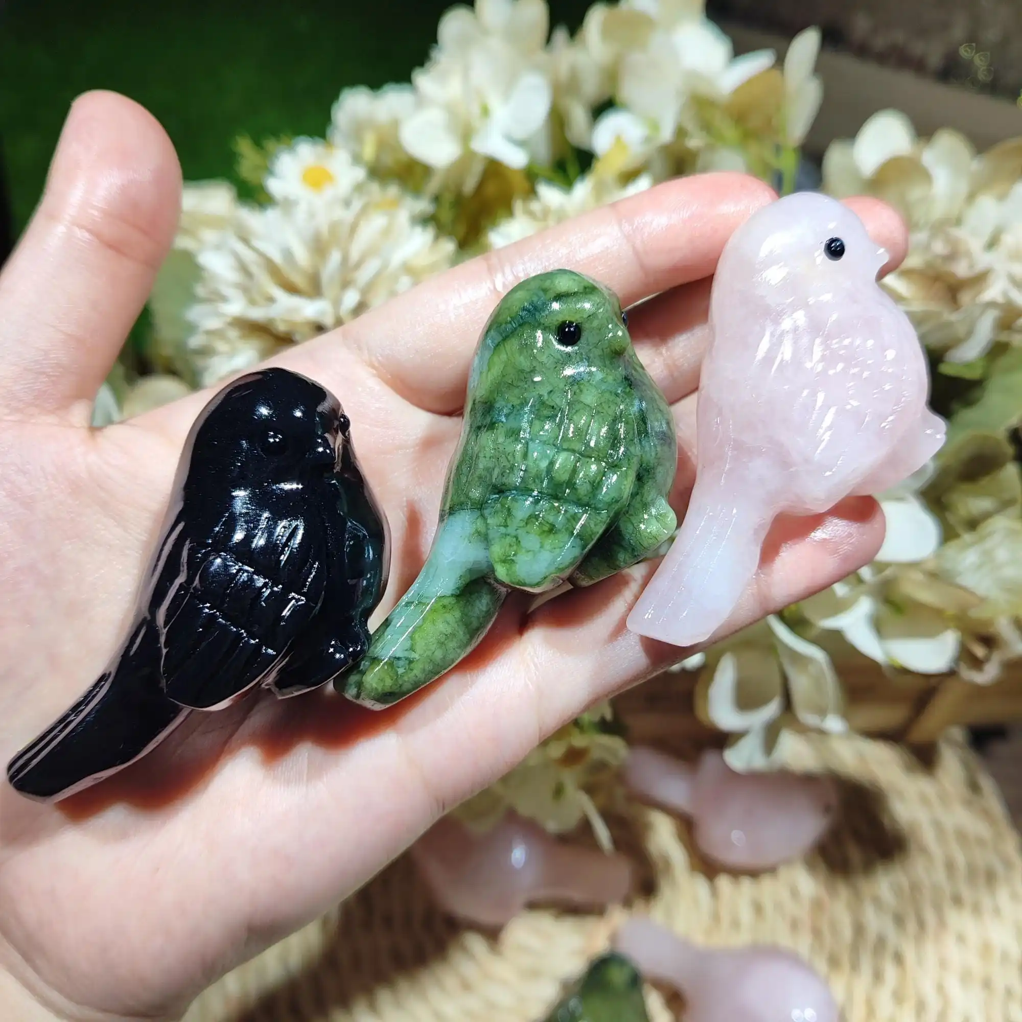 Natural Crystal Bird Carving, Serpentine/Rose Quartz/Black Obsidian Mini Bird Sculpture