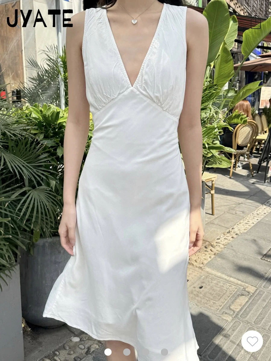 White V-neck Back Lace-up Long Vestidos Women Summer Casual Simple Cute Sleeveless Maxi Dress Sweet Preppy Style Cute Dresses