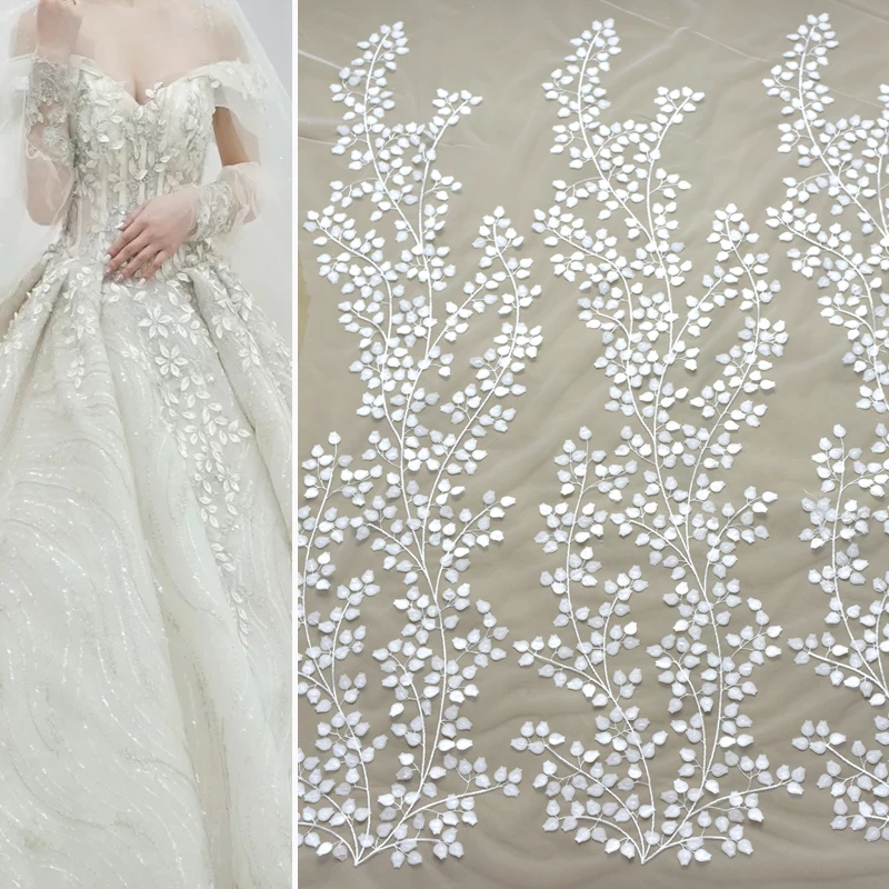 Pastoral 3D satin embroidery branches wedding dress veil DIY clothing fabric lace off white