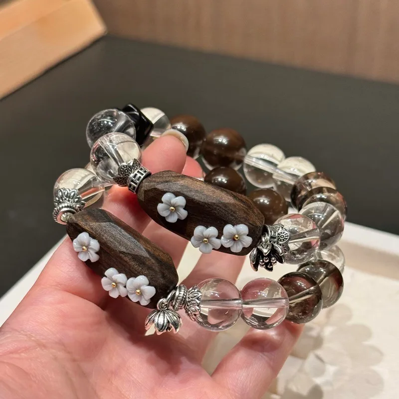 Chinese Style Lucky Blessing Natural White Crystal Smoky Quartz Agarwood Sansheng Flower Bracelet Good Fortune Attracting Healin