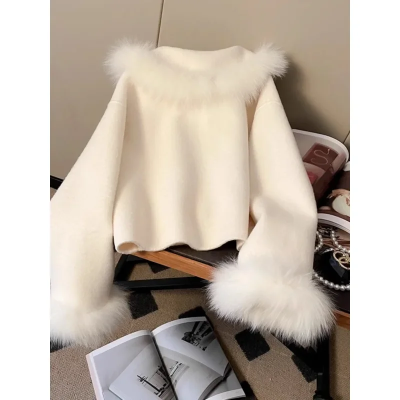 Premium Splicing Fur Collar Lace-up Wool Jackets for Women Autumn and Winter New Sweet Big Pocket Short Cape Woolen Coat Ladies