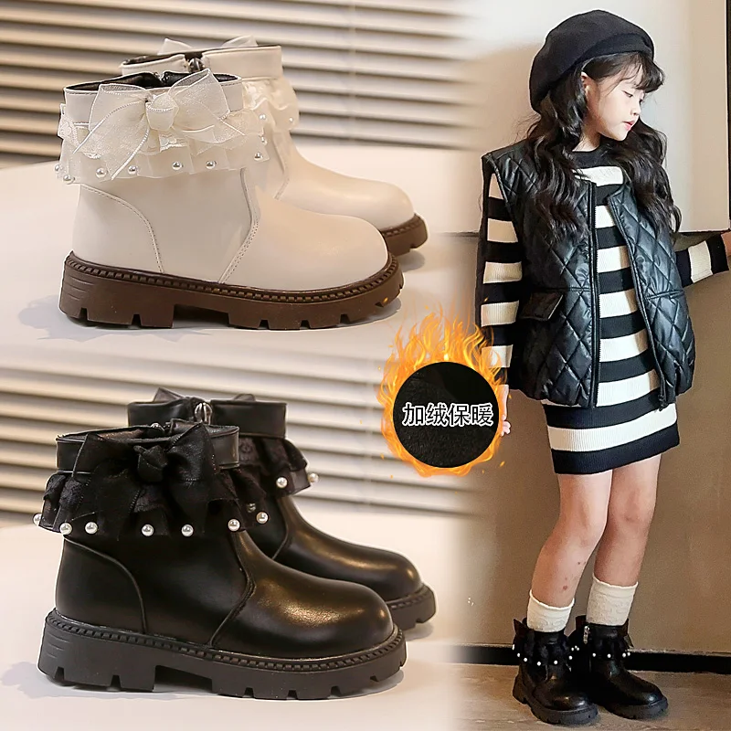 

2025 NEW Girls Princess Shoes with Butterfly Knot Soft Sole High Top Studded Boots Kids Casual Leather Boots