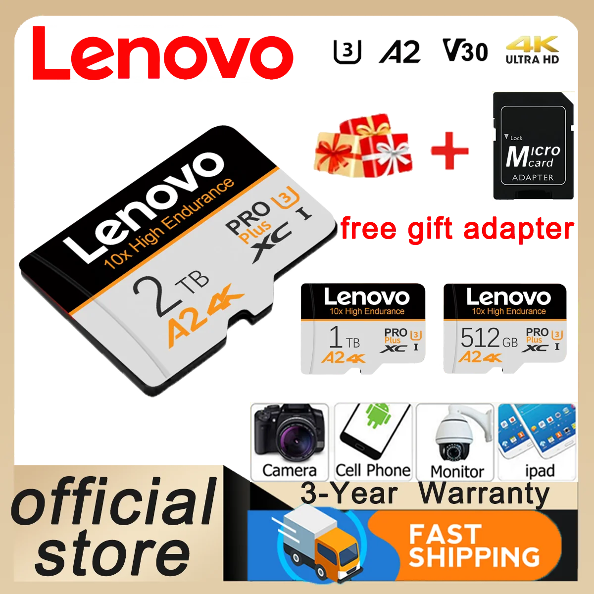 

Lenovo 2TB High Speed Micro TF SD Card 512GB Memory Card A2 V30 SD Memory Cards 1TB Mass Capacity Cards for Smartphone/PC/Laptop