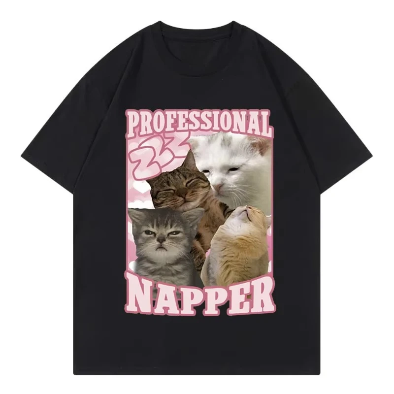 Men's Fun Cat Enthusiast Letter Printed Round Neck T-shirt Neutral High Quality 100% Pure Cotton Soft Breathable Short Sleeve
