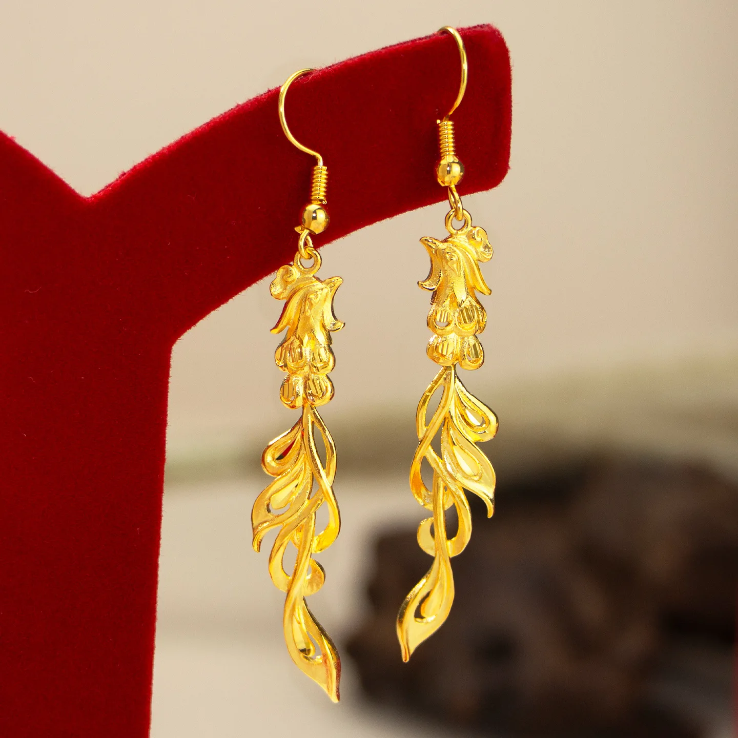 9999 gold phoenix and dragon tassel earrings - exuding a sense of sophistication, suitable for a vintage-style wedding