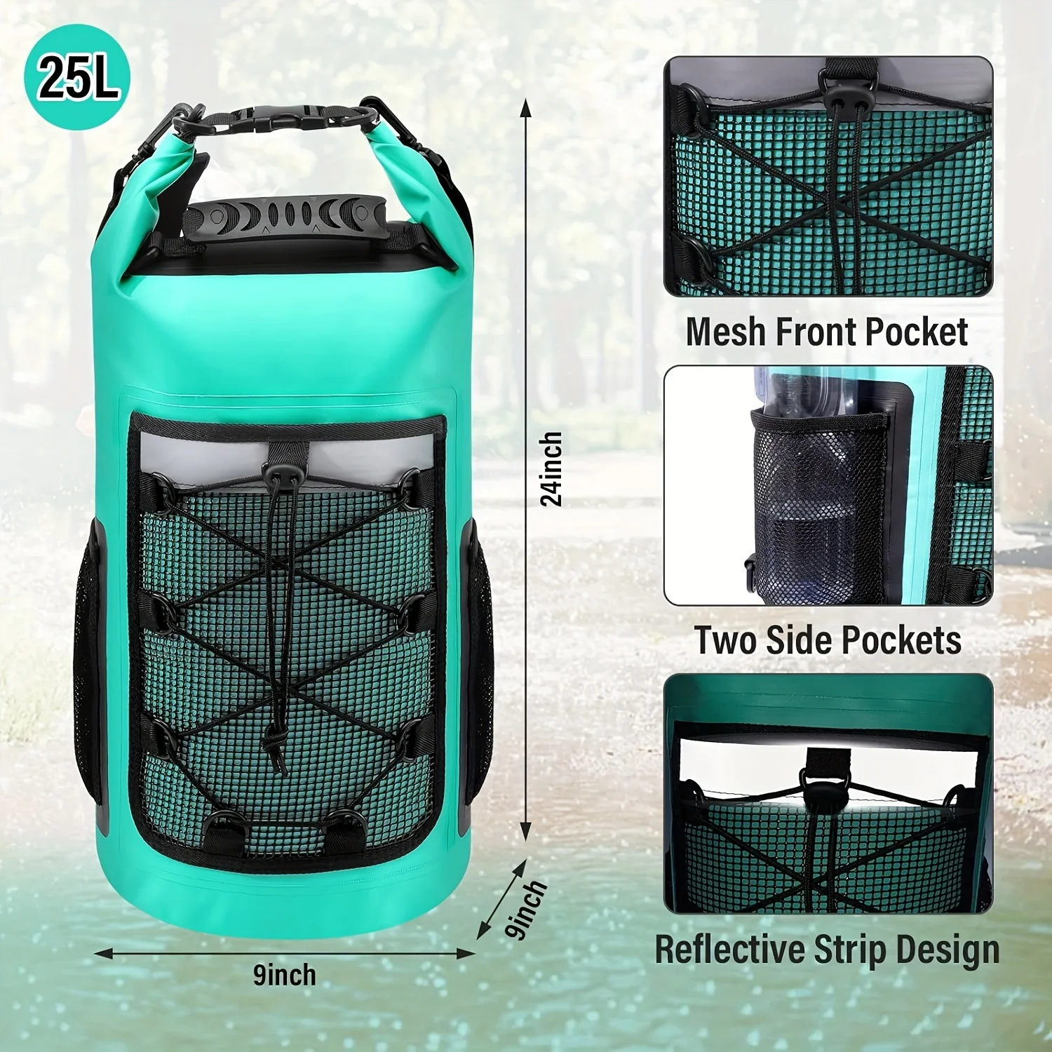25l 500d Pvc Dry Bag Multifunctional Outdoor Mesh Pocket Reflective Strip Bottle Holder Kayak Surf Swim Beach Water Sports Gear