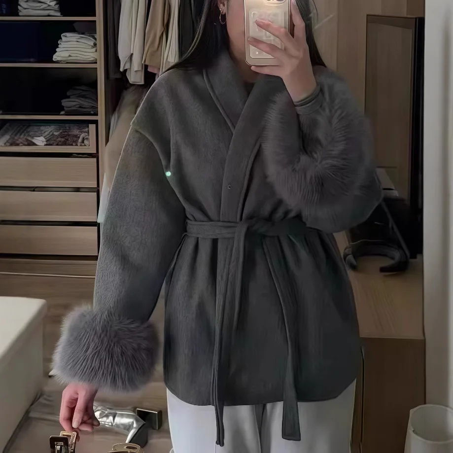 

2025 Women Vintage Solid Faux Fur Sleeve Tweed Open Coats Female Autumn Casual Street Outwear Chic Lapel Plush Coat With Belt