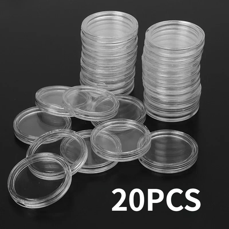 Caja de almacenamiento y colección de monedas conmemorativas de 20 piezas, caja de plástico para monedas de plata PS, caja de protección circular transparente para monedas de 25mm