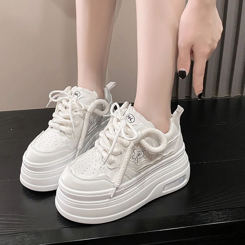 LazySeal 8cm High Boots Women Platform Shoes Cross Tied Lace Up Spring Autumn Sneakers Chunky Sneaker Wedge White Casual Shoe