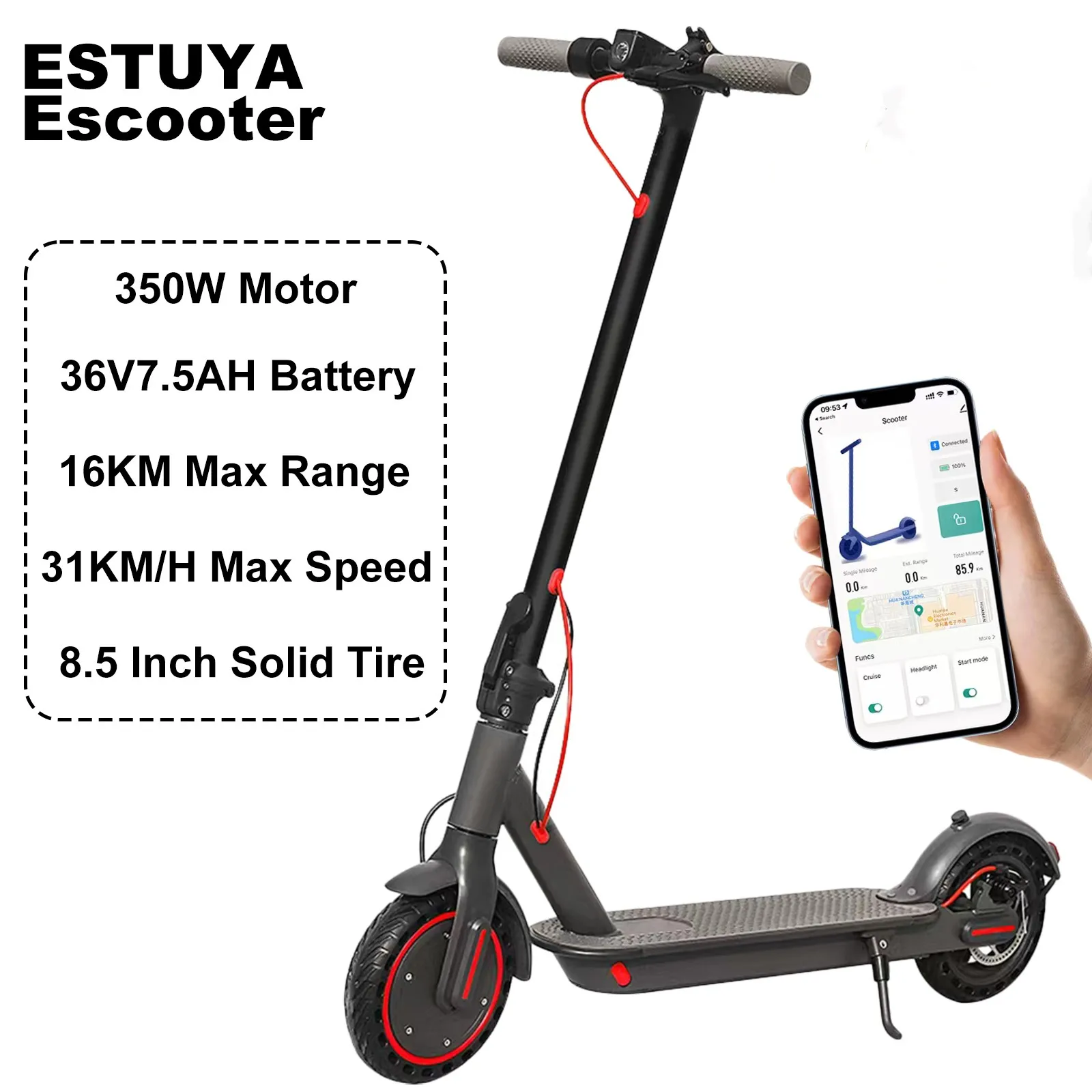 Tuya Electric Scooter 350W Motor 31km/h Max Speed 8.5-inch Solid Non-slip Tires Folding Electric Scooter with App Control