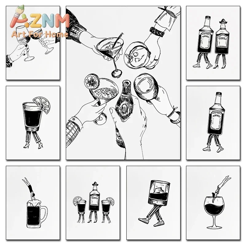 1pc frameless Vintage Black White Simple Abstract Lines Wine Glass Cheers Poster Canvas Paint Prints Art Home Bar Wall Decoratio