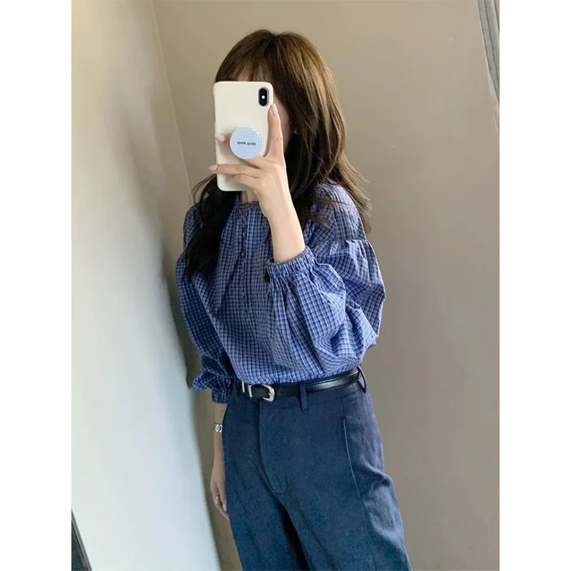 Women Clothing Spring Summer Korean Simplicity Button Plaid Solid Color Pullover Ladies All-match Appear Thin Long Sleeve Shirt