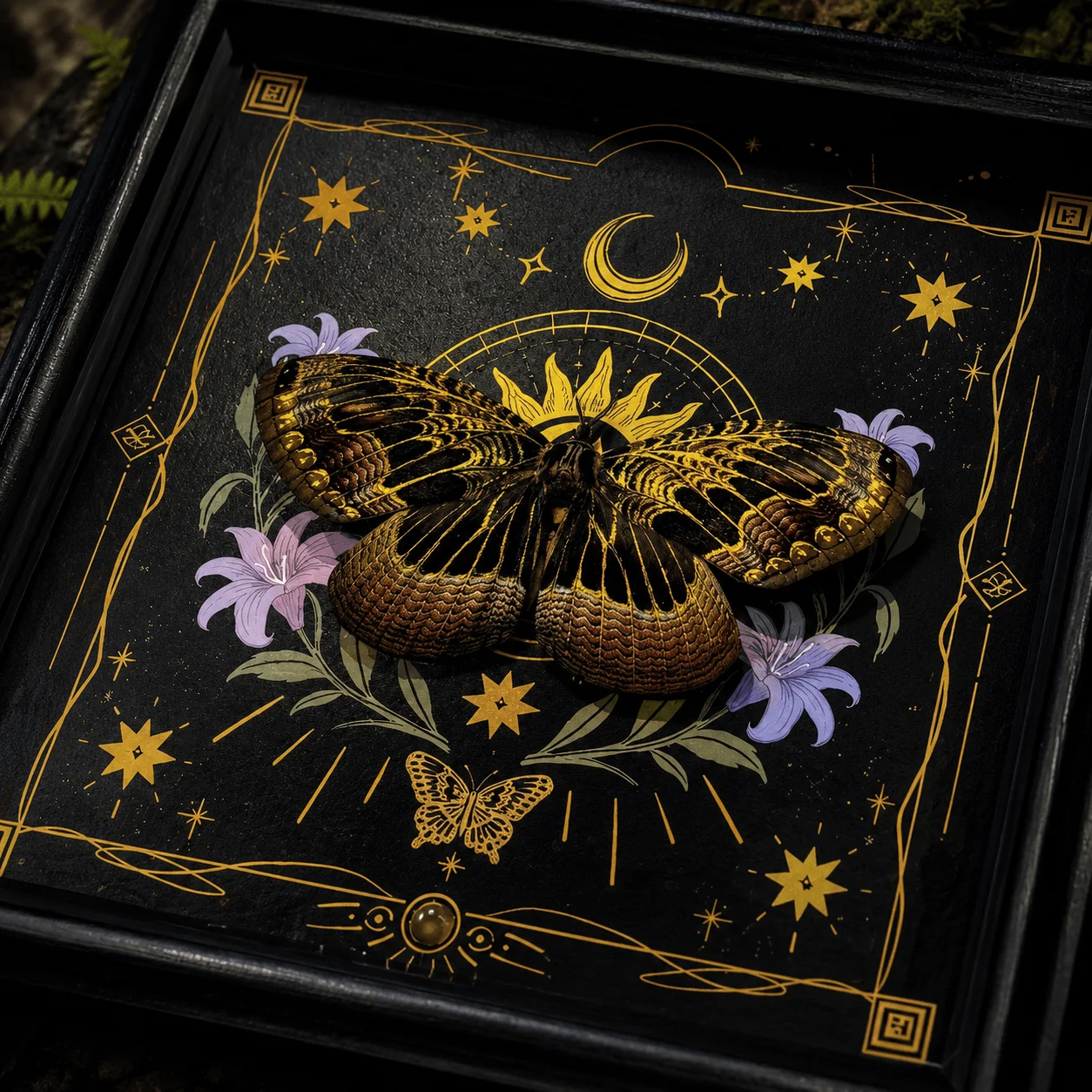 Obrázek 3: Brahmaea porphyrio, mystic můra zeď umění, černá zlato vintage rámováno dekorace s luna hvězdičkami květinová design pro ložnice žití pokoj