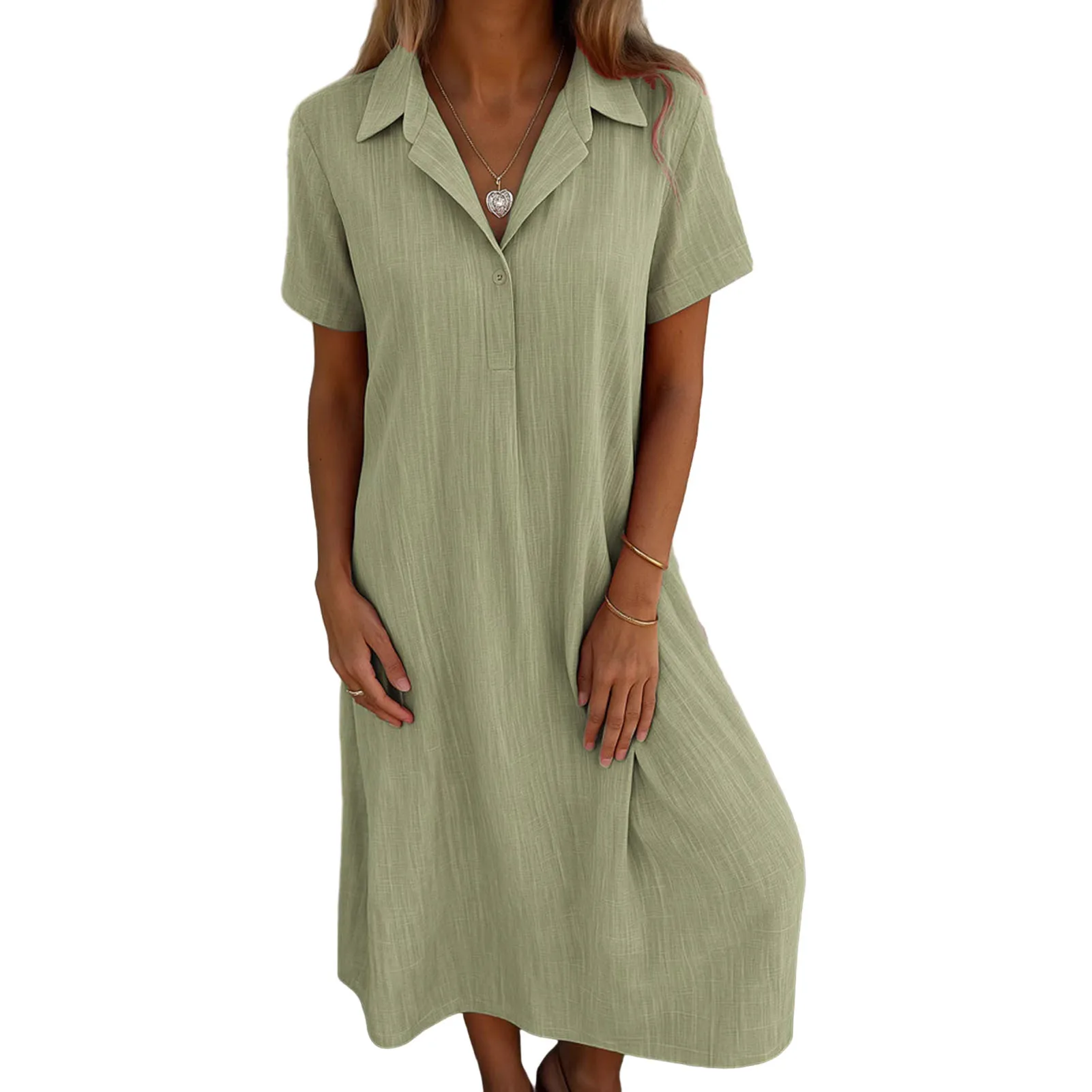 

Solid Color Knee-length Dress Loose Women Loose Dress Short Sleeve V Neck Dress Casual Hot Beach Knee-length Beach Knee-length D
