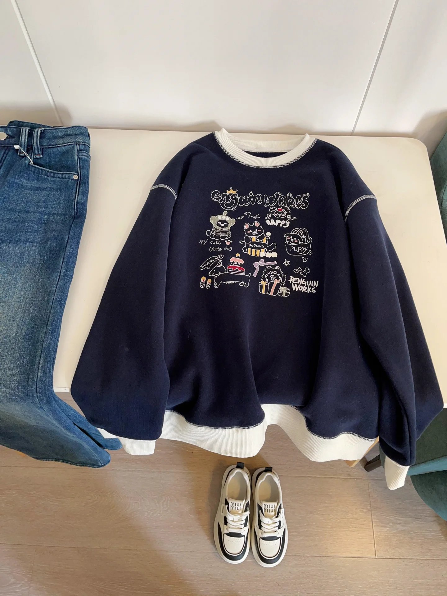 Korean Sle round Ne Sweatirt Women's Casual Print Color Blo Spring Autumn Faionable Comfortable Versatile Top