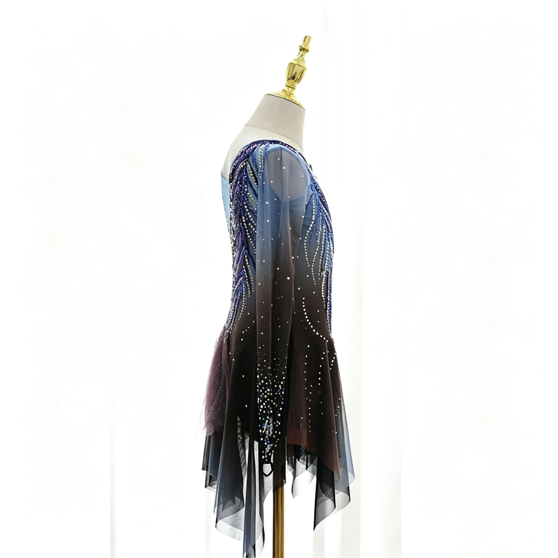 Handmade Rhinestone Figure Skating Dress Black Blue Gradient Irregular Tulle Ice Skating Competition Costume Rhinestone Custom